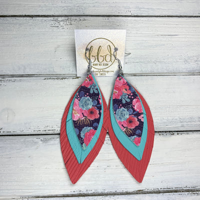 INDIA - Leather Earrings   ||  <BR>  PINK FLORAL ON BLUE (FAUX LEATHER),  <BR>ROBINS EGG BLUE,  <BR> SALMON PALM
