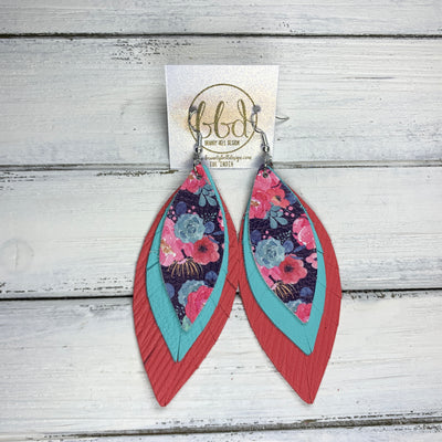 INDIA - Leather Earrings   ||  <BR>  PINK FLORAL ON BLUE (FAUX LEATHER),  <BR>ROBINS EGG BLUE,  <BR> SALMON PALM