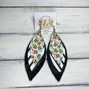 INDIA - Leather Earrings   ||  <BR>  SUGAR SKULLS ON WHITE (FAUX LEATHER),  <BR> BLACK & WHITE STRIPE,  <BR> SHIMMER BLACK