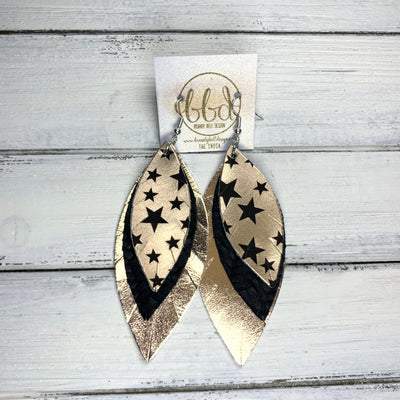 INDIA - Leather Earrings   ||  <BR>  METALLIC ROSE GOLD STARS (FAUX LEATHER),  <BR> MATTE BLACK BRAIDED,  <BR> METALLIC ROSE GOLD SMOOTH
