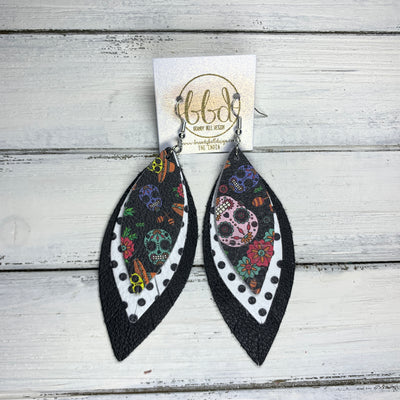 INDIA - Leather Earrings   ||  <BR>   SUGAR SKULLS ON BLACK,  <BR> WHITE WITH BLACK POLKADOTS,  <BR> MATTE BLACK
