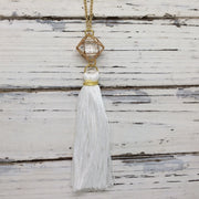 TASSEL NECKLACE - CAROLINA  || WHITE TASSEL WITH GOLD CAGE WITH ENCLOSED GEM
