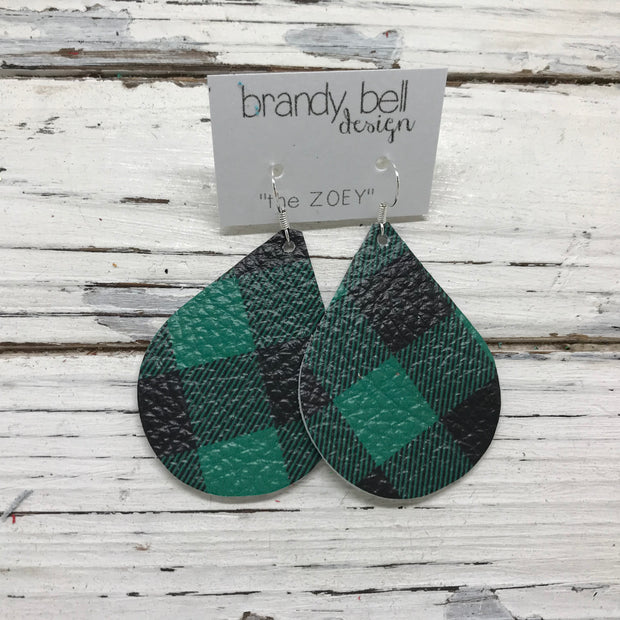 ZOEY (3 sizes available!) -  Leather Earrings  ||  BLACK AND GREEN BUFFALO PLAID