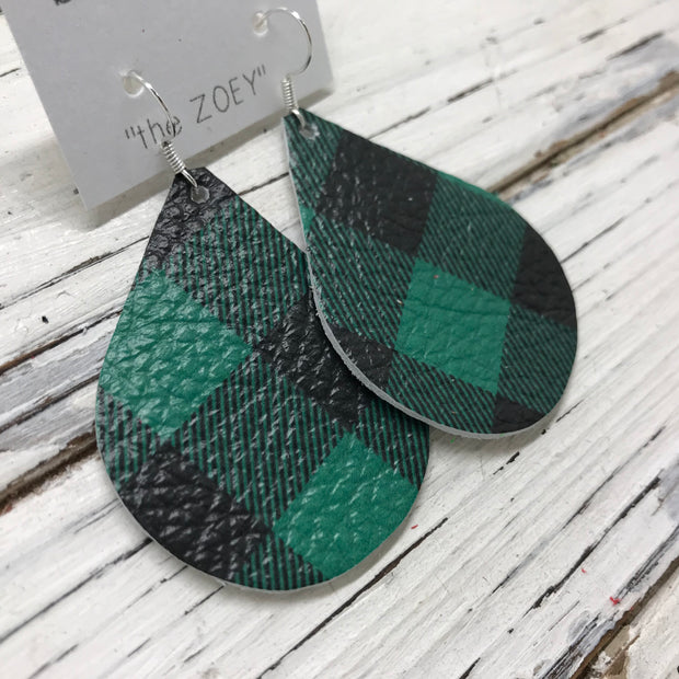 ZOEY (3 sizes available!) -  Leather Earrings  ||  BLACK AND GREEN BUFFALO PLAID