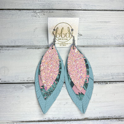 INDIA - Leather Earrings   ||  <BR>   BALLET SLIPPER GLITTER (FAUX LEATHER),  <BR> PINK PALMS,  <BR> MATTE AQUA MINT
