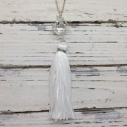 TASSEL NECKLACE - CAROLINA  || WHITE TASSEL WITH SILVER CAGE WITH ENCLOSED GEM