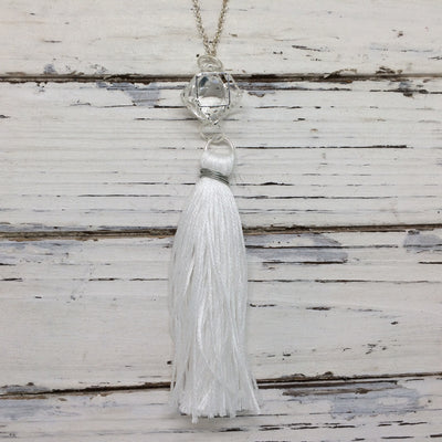 TASSEL NECKLACE - CAROLINA  || WHITE TASSEL WITH SILVER CAGE WITH ENCLOSED GEM