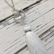 TASSEL NECKLACE - CAROLINA  || WHITE TASSEL WITH SILVER CAGE WITH ENCLOSED GEM