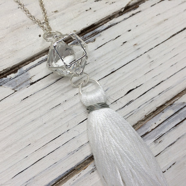 TASSEL NECKLACE - CAROLINA  || WHITE TASSEL WITH SILVER CAGE WITH ENCLOSED GEM