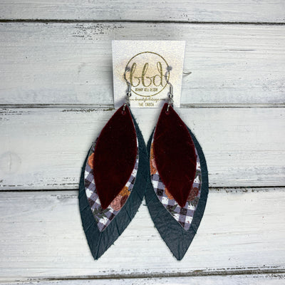 INDIA - Leather Earrings   ||  <BR>  BURGUNDY VELVET (FAUX LEATHER),  <BR> GINGHAM FLORAL,  <BR> DISTRESSED TEAL