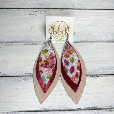 INDIA - Leather Earrings   ||  <BR>  GLITTER LEAVES  (FAUX LEATHER),  <BR> METALLIC BURGUNDY SMOOTH,  <BR> MATTE BLUSH