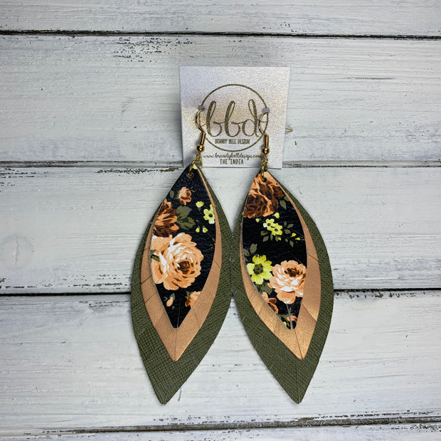 INDIA - Leather Earrings   ||  <BR> PEACH FLORAL ON BLACK  (FAUX LEATHER),  <BR> PEARLIZED PEACH,  <BR> OLIVE SAFFIANO