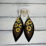 INDIA - Leather Earrings   ||  <BR> SUNFLOWERS ON BLACK,  <BR> DISTRESSED BROWN,  <BR> BLACK BRAIDED