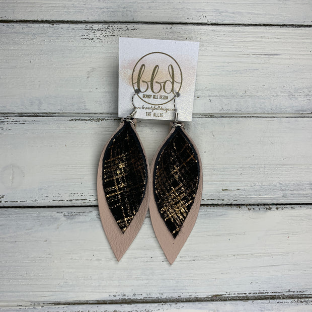 ALLIE -  Leather Earrings  ||  <BR> ROSE GOLD PLAID ON BLACK, <BR> MATTE BLUSH
