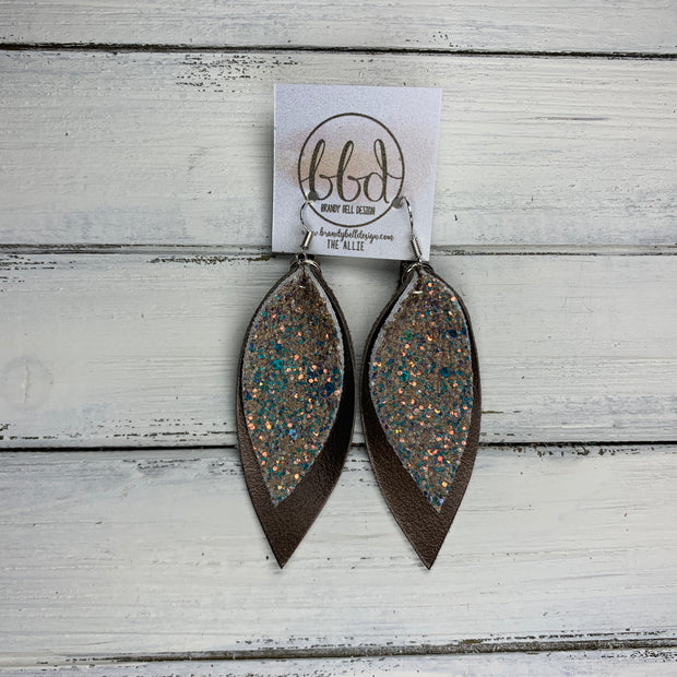 ALLIE -  Leather Earrings  ||  <BR> GLAMOUR GLITTER (FAUX LEATHER), <BR> PEARLIZED DARK BROWN