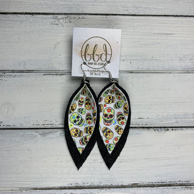 ALLIE -  Leather Earrings  ||  <BR> SUGAR SKULLS ON WHITE (FAUX LEATHER), <BR> SHIMMER BLACK