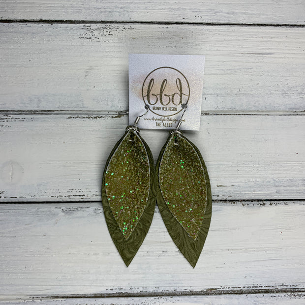 ALLIE -  Leather Earrings  ||  <BR> OLIVE GLITTER (NOT REAL LEATHER), <BR> OLIVE WESTERN FLORAL