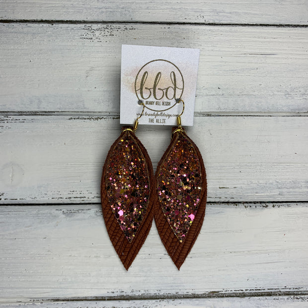 ALLIE -  Leather Earrings  ||  <BR> PINK & GOLD GLITTER (FAUX LEATHER), <BR> RUST PALM