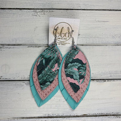 GINGER - Leather Earrings  ||  <BR>  PINK PALMS, <BR> MATTE PINK PANAMA WEAVES, <BR> ROBINS EGG BLUE