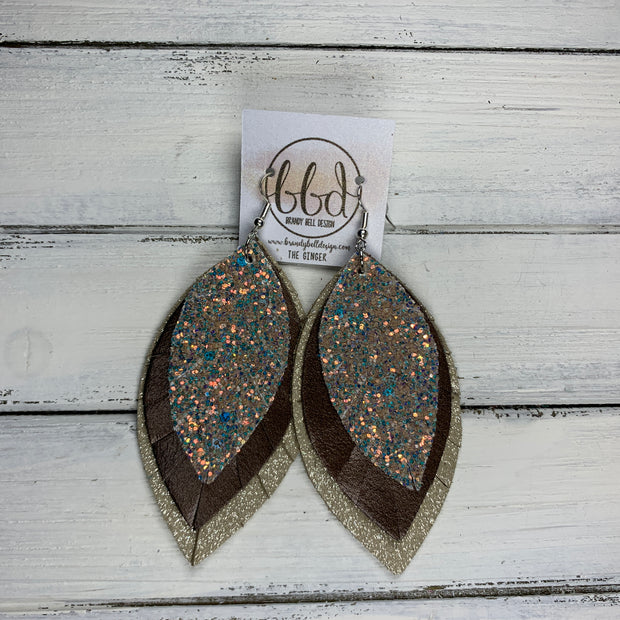 GINGER - Leather Earrings  ||  <BR> GLAMOUR GLITTER (FAUX LEATHER), <BR>PEARLIZED BROWN, <BR> SHIMMER TAUPE