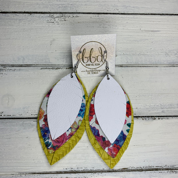 GINGER - Leather Earrings  ||  <BR> MATTE WHITE, <BR> TUTTI FRUITI  FLORAL, <BR> YELLOW BRAIDED