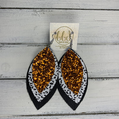 GINGER - Leather Earrings  ||  <BR> ORANGE GLITTER (FAUX LEATHER), <BR> BLACK & WHITE CHEETAH, <BR> MATTE BLACK