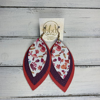 GINGER - Leather Earrings  ||  <BR> WOODLANDS CREATURES (FAUX LEATHER), <BR> DARK EGGPLANT, <BR> MATTE CORAL/SALMON