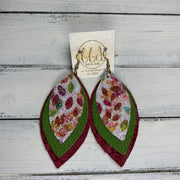 GINGER - Leather Earrings  ||  <BR> GLITTER LEAVES (FAUX LEATHER), <BR> MATTE FERN GREEN, <BR> MERLOT BRAIDED