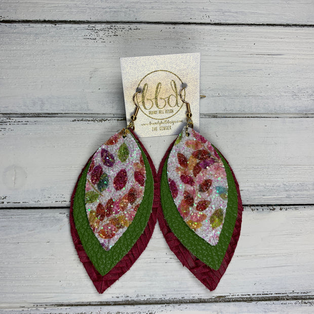 GINGER - Leather Earrings  ||  <BR> GLITTER LEAVES (FAUX LEATHER), <BR> MATTE FERN GREEN, <BR> MERLOT BRAIDED
