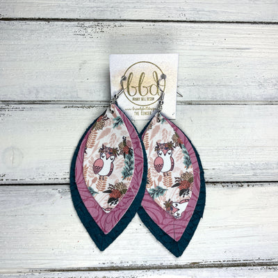 GINGER - Leather Earrings  ||  <BR> OWL PRINT (FAUX LEATHER), <BR> LIGHT PINK ART NOUVEAU PRINT (FAUX LEATHER), <BR> TEAL BRAIDED
