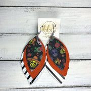 GINGER - Leather Earrings  ||  <BR> SUGAR SKULLS ON BLACK, <BR> MATTE ORANGE, <BR> BLACK & WHITE STRIPE