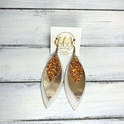 DOROTHY - Leather Earrings  ||  <BR> PUMPKIN SPICE GLITTER (FAUX LEATHER) <BR> METALLIC ROSE GOLD SMOOTH <BR> PEARL WHITE