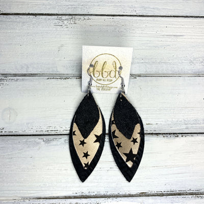 DOROTHY - Leather Earrings  ||  <BR> SHIMMER BLACK,  <BR> METALLIC ROSE GOLD STARS (FAUX LEATHER) <BR> BLACK BRAIDED