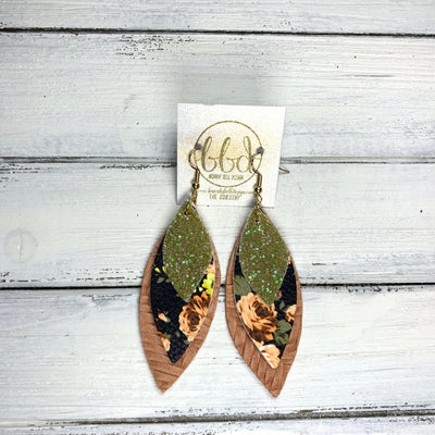 DOROTHY - Leather Earrings  ||  <BR> OLIVE GREEN GLITTER (FAUX LEATHER),  <BR> PEACH FLORAL ON BLACK (FAUX LEATHER) <BR> SALMON BRAIDED