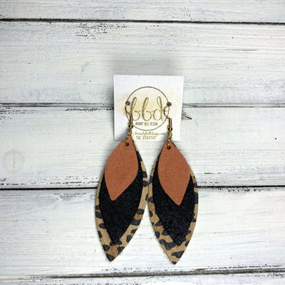 DOROTHY - Leather Earrings  ||  <BR> SPICED PEACH VELVET (FAUX LEATHER),  <BR> SHIMMER BLACK,  <BR> CARAMEL CHEETAH