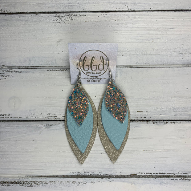 DOROTHY - Leather Earrings  ||  <BR> GLAMOUR GLITTER (FAUX LEATHER),  <BR> AQUA MINT,  <BR> SHIMMER TAUPE