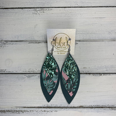 DOROTHY - Leather Earrings  ||  <BR> SEAFOAM GLITTER (FAUX LEATHER),  <BR> PINK PALMS,  <BR> MATTE SPRUCE GREEN