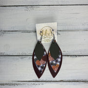 DOROTHY - Leather Earrings  ||  <BR> MATTE OLOVE GREEN,  <BR> GINGHAM FLORAL (FAUX LEATHER),  <BR> DISTRESSED BURGUNDY
