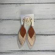 DOROTHY - Leather Earrings  ||  <BR> SPICED PEACH VELVET (FAUX LEATHER),  <BR> METALLIC ROSE GOLD PEBBLED,  <BR> SHIMMER ROSE GOLD