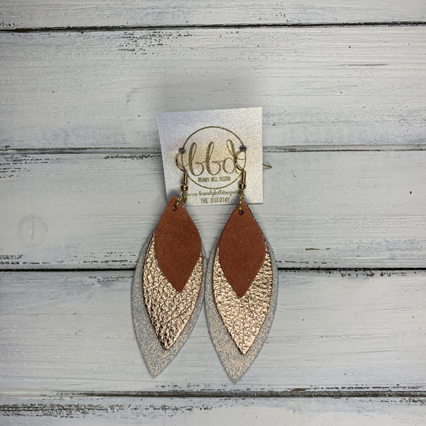 DOROTHY - Leather Earrings  ||  <BR> SPICED PEACH VELVET (FAUX LEATHER),  <BR> METALLIC ROSE GOLD PEBBLED,  <BR> SHIMMER ROSE GOLD