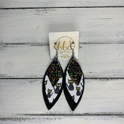 DOROTHY - Leather Earrings  ||  <BR> BLACK & ORANGE GLITTER (FAUX LEATHER),  <BR> BLACK CATS,  <BR> SHIMMER BLACK