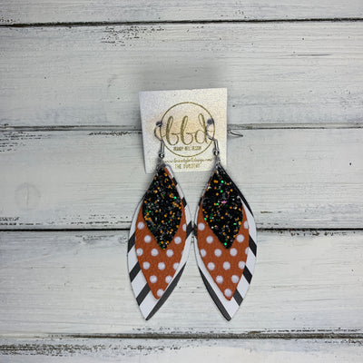 DOROTHY - Leather Earrings  ||  <BR> BLACK & ORANGE GLITTER (FAUX LEATHER),  <BR> ORANGE & WHITE POLKADOTS,  <BR> BLACK & WHITE STRIPE