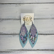 DOROTHY - Leather Earrings  ||  <BR> DISTRESSED SILVER ON PURPLE,  <BR> ABALONE,  <BR> MATTE AQUA MINT