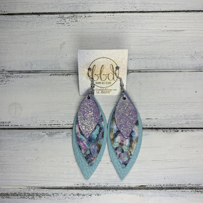 DOROTHY - Leather Earrings  ||  <BR> DISTRESSED SILVER ON PURPLE,  <BR> ABALONE,  <BR> MATTE AQUA MINT