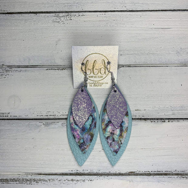 DOROTHY - Leather Earrings  ||  <BR> DISTRESSED SILVER ON PURPLE,  <BR> ABALONE,  <BR> MATTE AQUA MINT