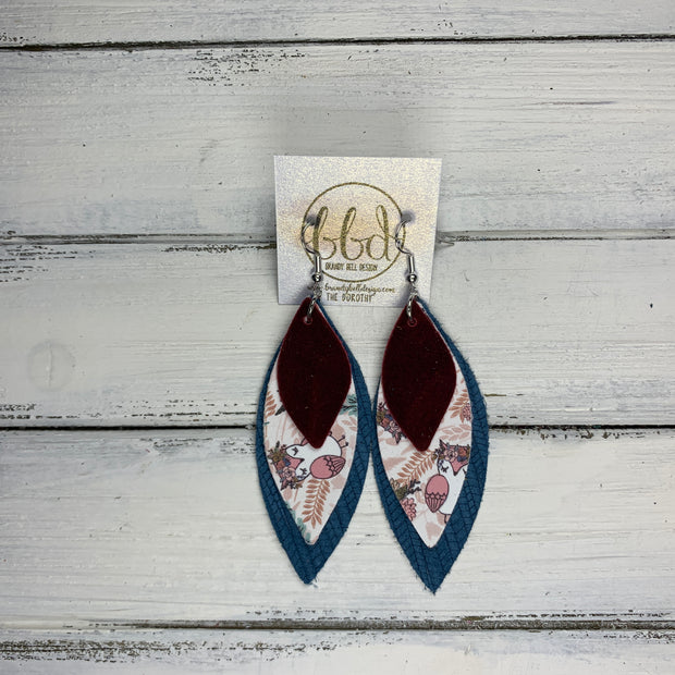 DOROTHY - Leather Earrings  ||  <BR> BURGUNDY VELVET (FAUX LEATHER),  <BR> OWL PRINT (FAUX LEATHER),  <BR> TEAL PALM