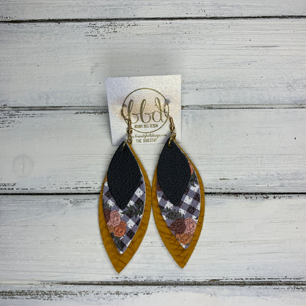 DOROTHY - Leather Earrings  ||  <BR> MATTE BLACK,  <BR> GINHAM FLORAL (FAUX LEATHER),  <BR> MUSTARD BRAIDED