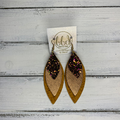 DOROTHY - Leather Earrings  ||  <BR> AUTUMN HARVEST GLITTER (FAUX LEATHER),  <BR> METALLIC BRONZE SAFFIANO,  <BR> MUSTARD BRAIDED