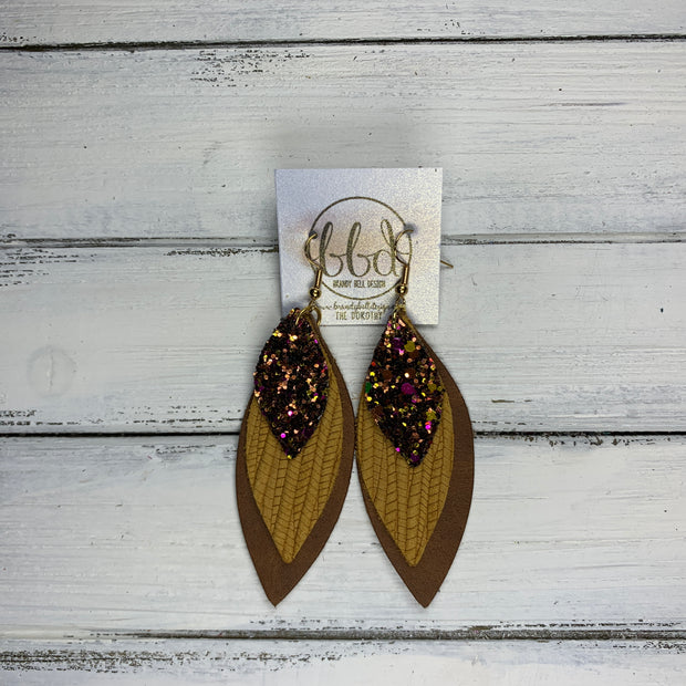 DOROTHY - Leather Earrings  ||  <BR> AUTUMN HARVEST GLITTER (FAUX LEATHER),  <BR> MUSTARD PALM,  <BR> DISTRESSED BROWN
