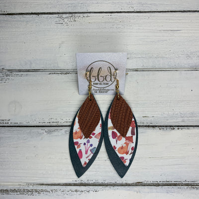 DOROTHY - Leather Earrings  ||  <BR> RUST PALM,  <BR> WOODLANDS CREATURES (FAUX LEATHER),  <BR> DISTRESSED TEAL